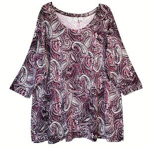 Artisan NY Tunic Top Womens 3X Berry Black Paisley Round Neck 3/4 Sleeve Stretch